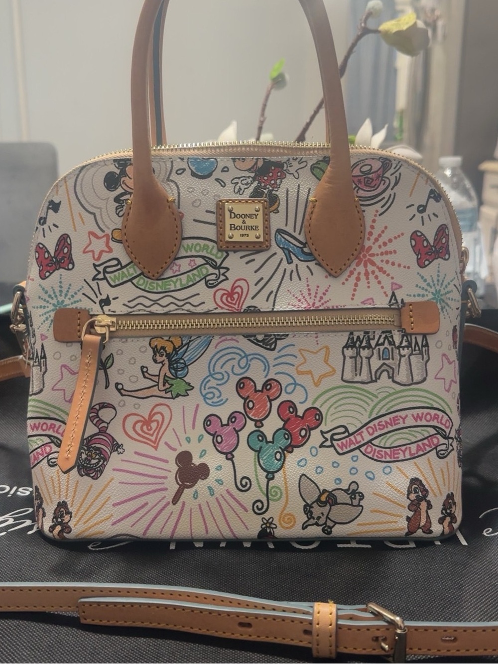 Dooney & Bourke White Multi-Color Disney Print Satchel with Tan Trim